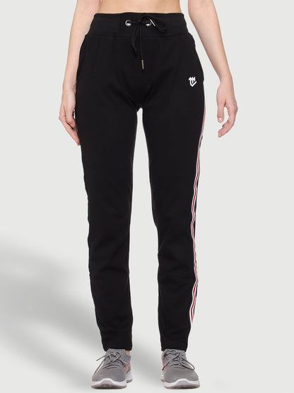 Colorful Side Stripe Black Cotton Track Pant For Women