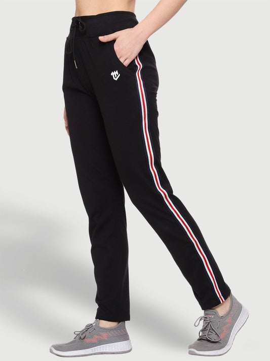 Colorful Side Stripe Black Cotton Track Pant For Women