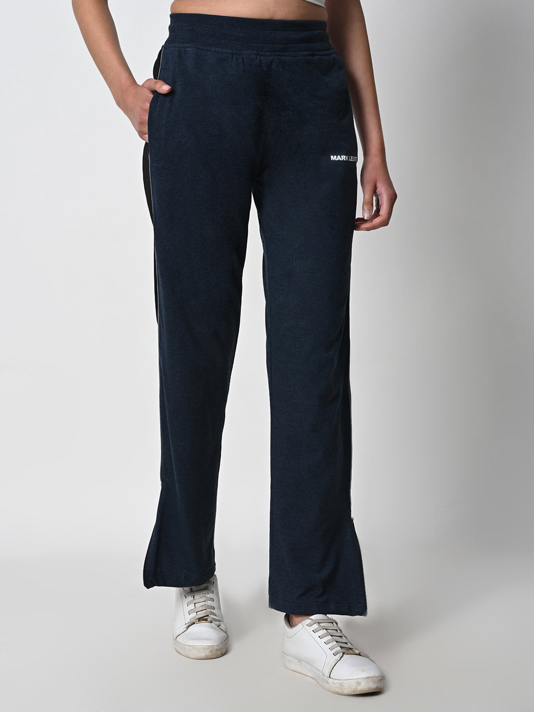 Reflective Side Stripe Cotton Track Pant for Women (Melange Blue)