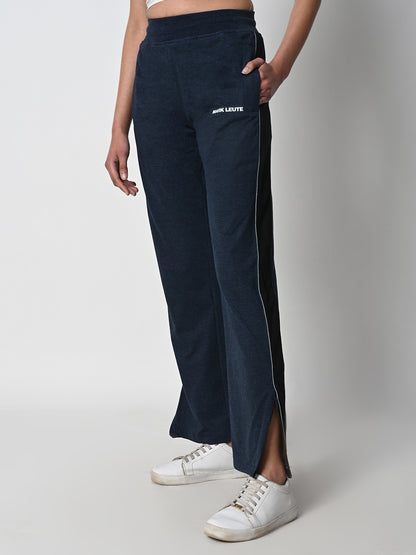 Reflective Side Stripe Cotton Track Pant for Women (Melange Blue)
