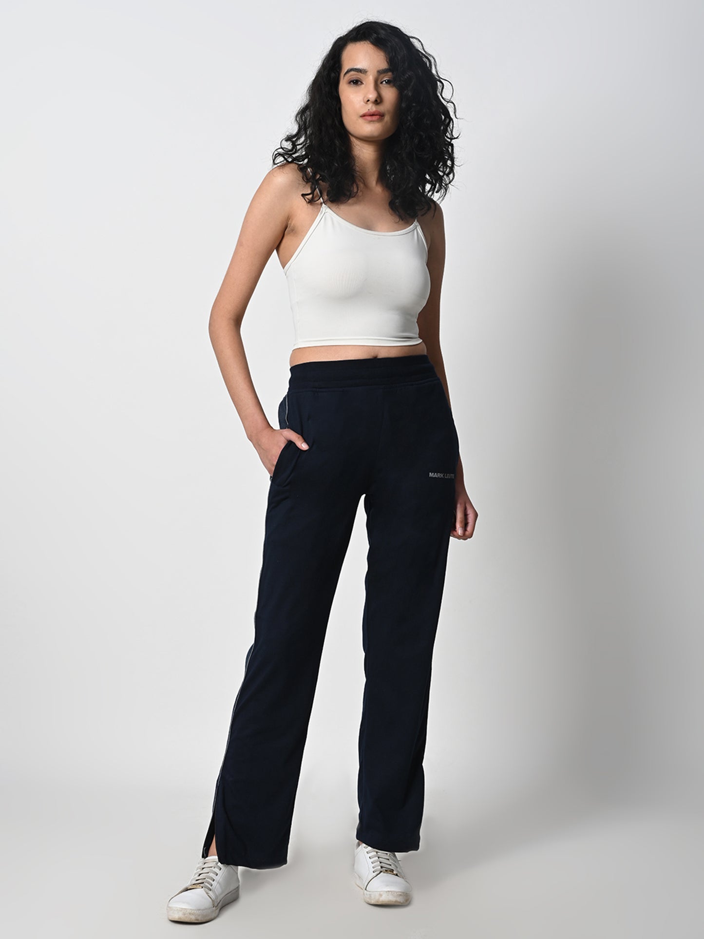 Reflective Side Stripe Cotton Track Pant for Women (Navy Blue)