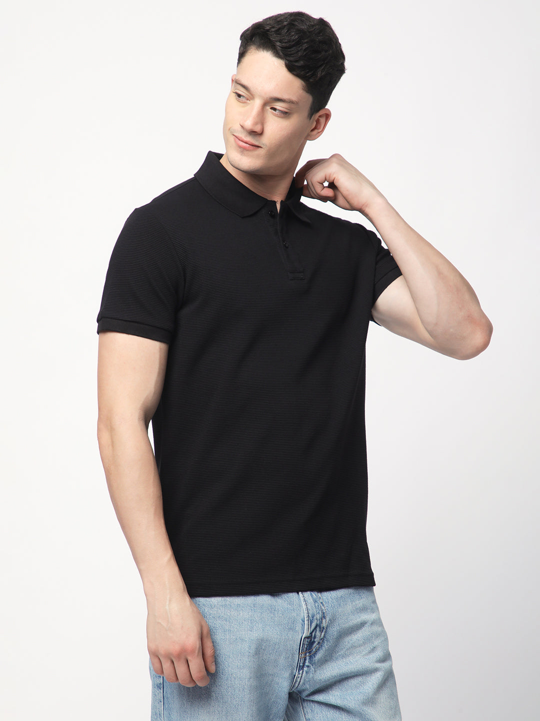 Textured Knit Polo T-shirt (Black)