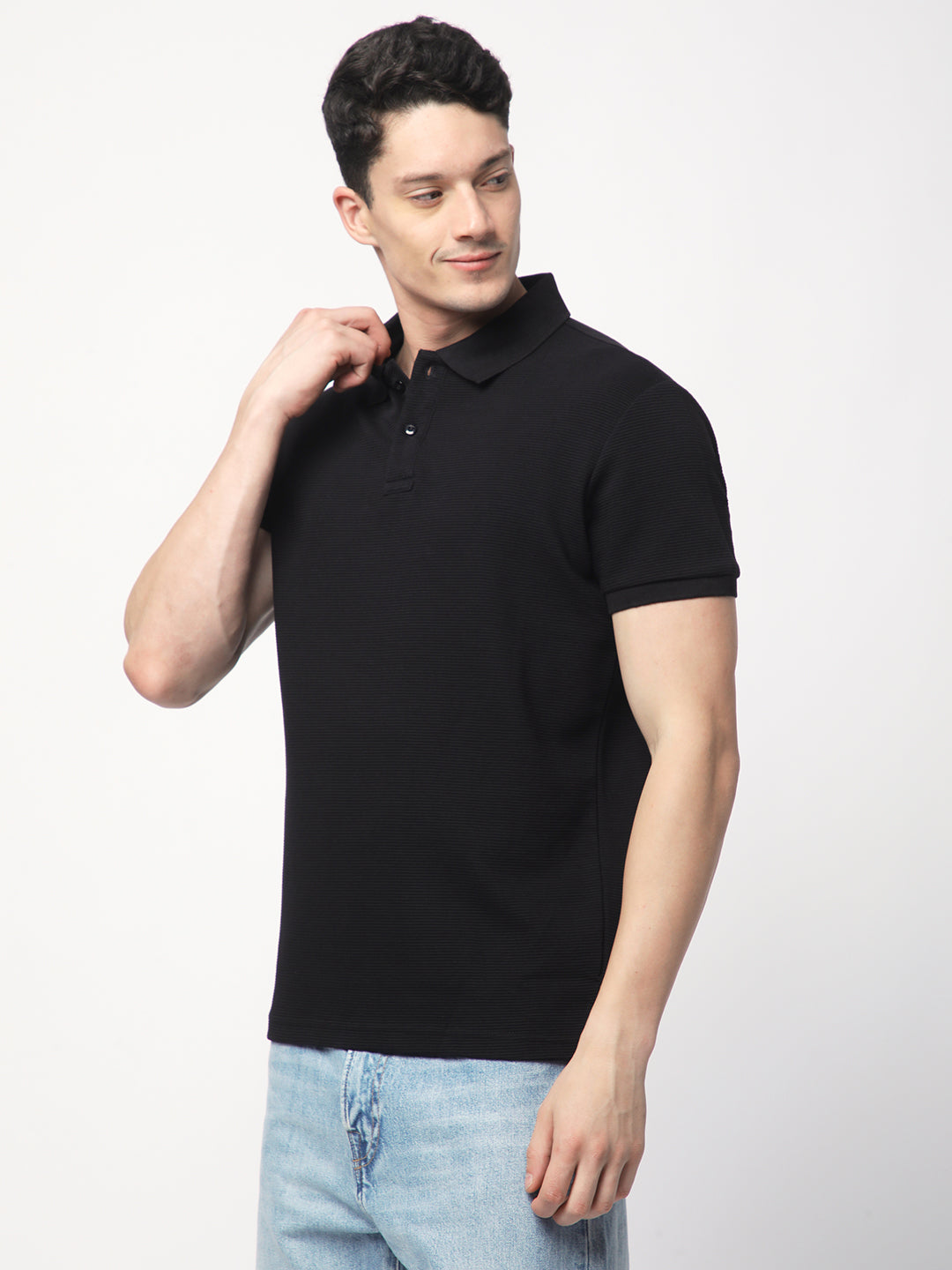 Textured Knit Polo T-shirt (Black)