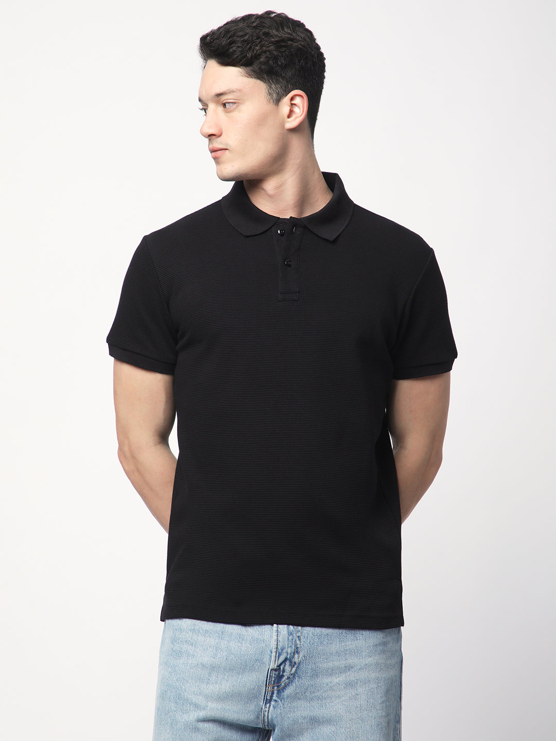 Textured Knit Polo T-shirt (Black)