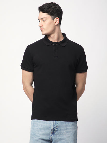 Textured Knit Polo T-shirt (Black)