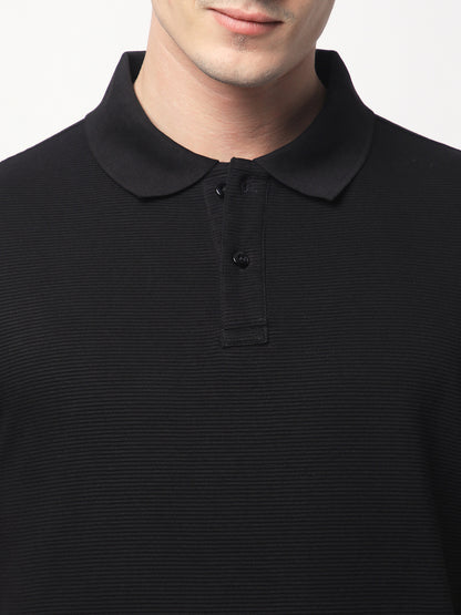 Textured Knit Polo T-shirt (Black)