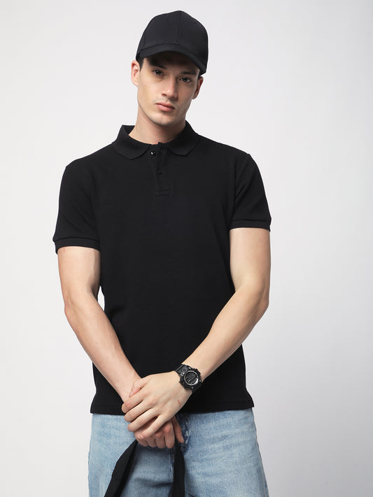 Textured Knit Polo T-shirt (Black)