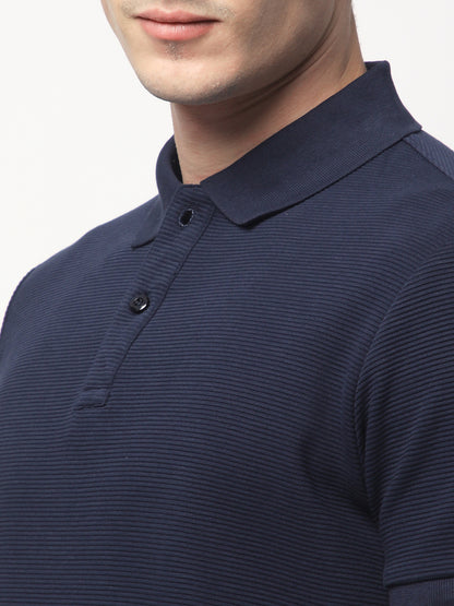 Textured Knit Polo T-shirt (Navy)