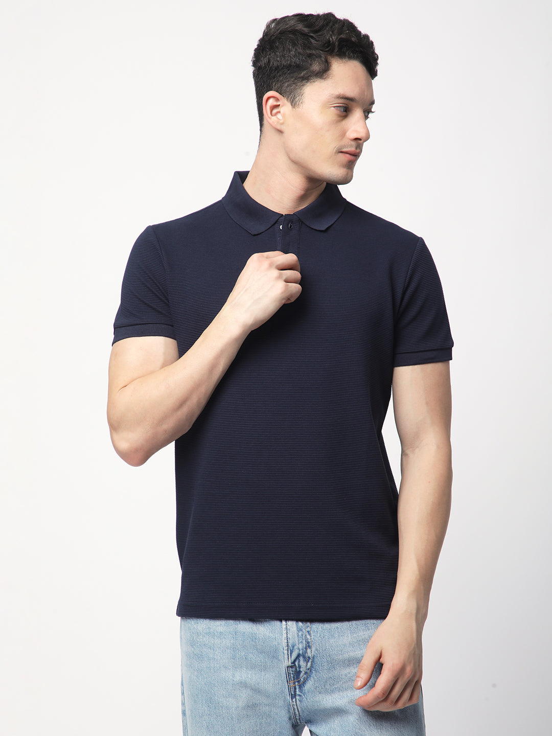 Textured Knit Polo T-shirt (Navy)