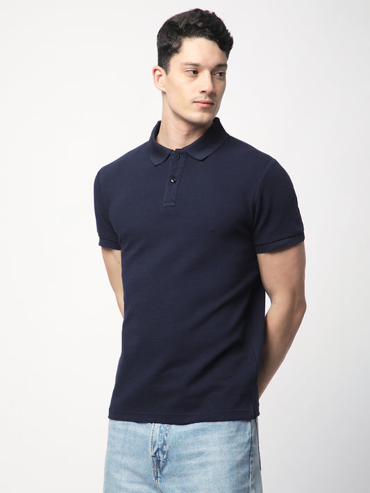 Textured Knit Polo T-shirt (Navy)