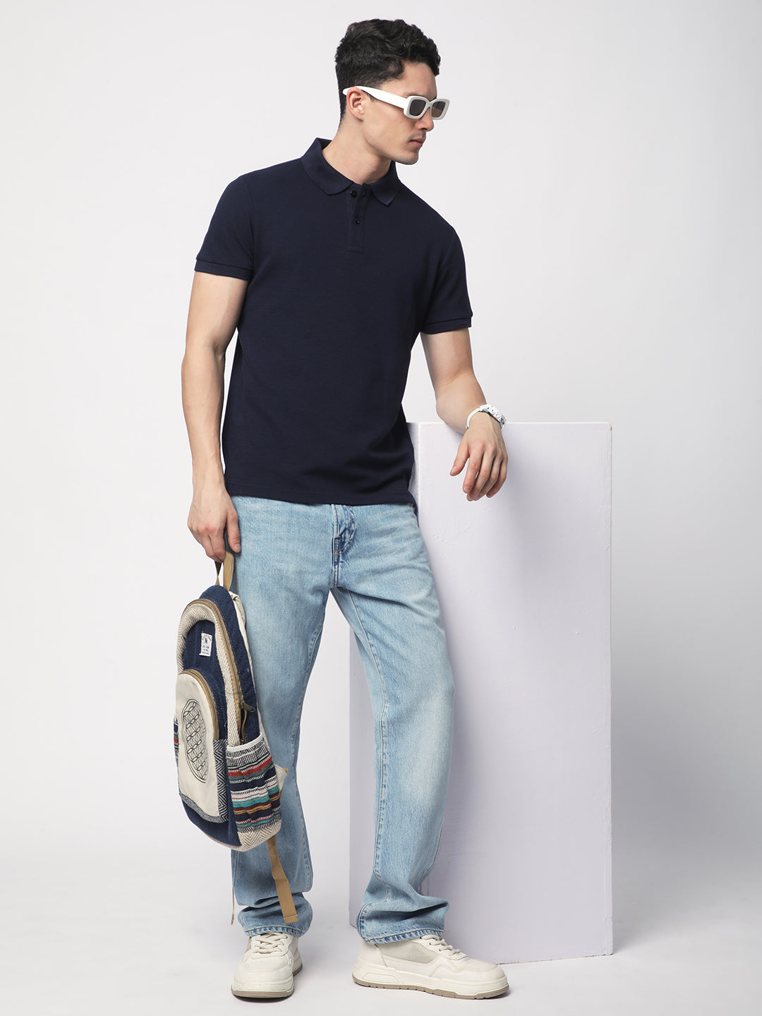 Textured Knit Polo T-shirt (Navy)