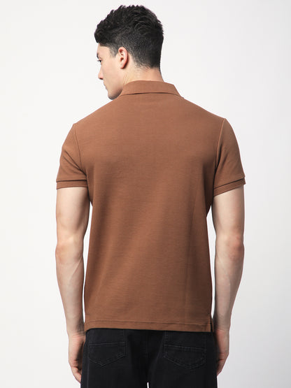Textured Knit Polo T-shirt (Brown)