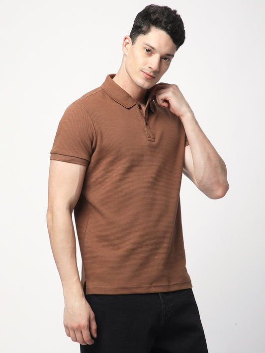Textured Knit Polo T-shirt (Brown)