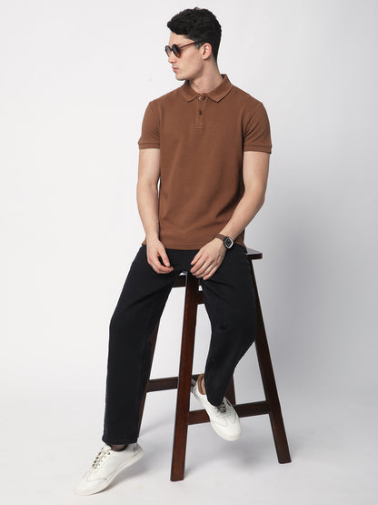 Textured Knit Polo T-shirt (Brown)