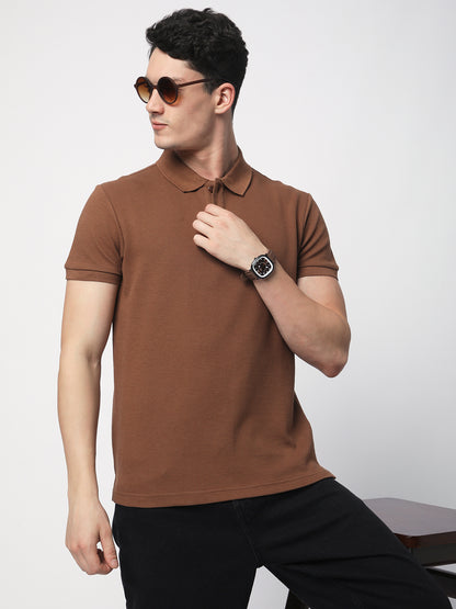 Textured Knit Polo T-shirt (Brown)