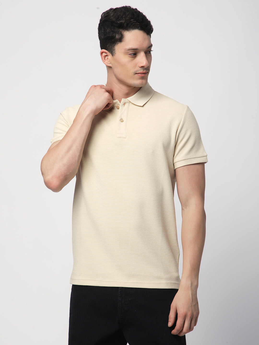 Textured Knit Polo T-shirt (BEIGE)
