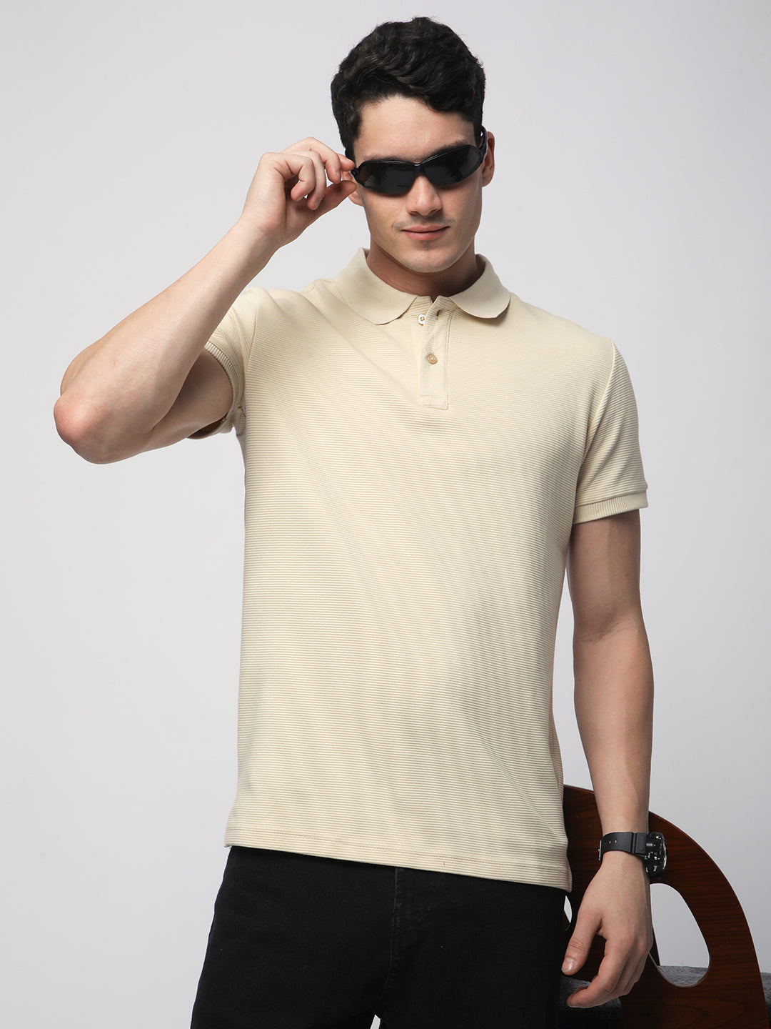 Textured Knit Polo T-shirt (BEIGE)