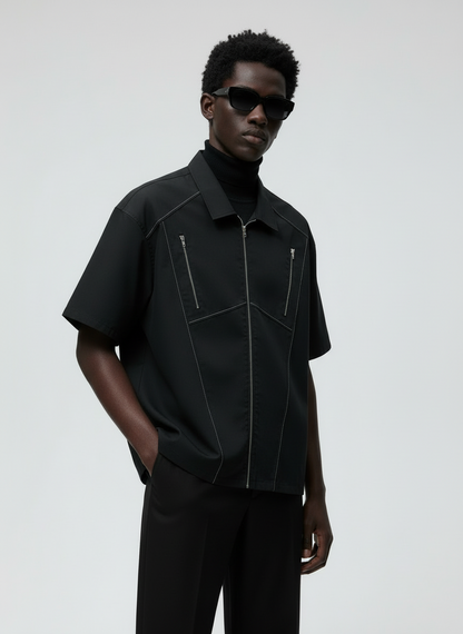 Boxy Fit Zipper Shirt (Black)