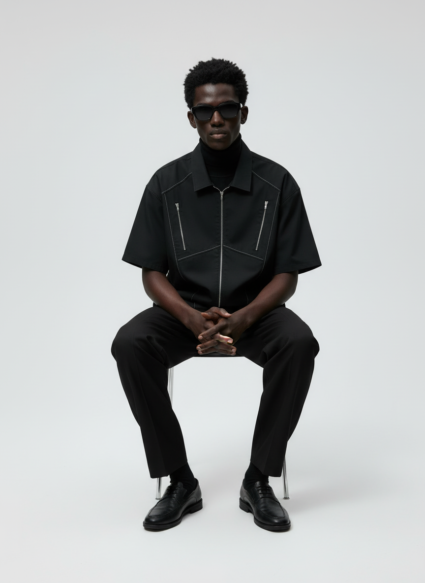 Boxy Fit Zipper Shirt (Black)