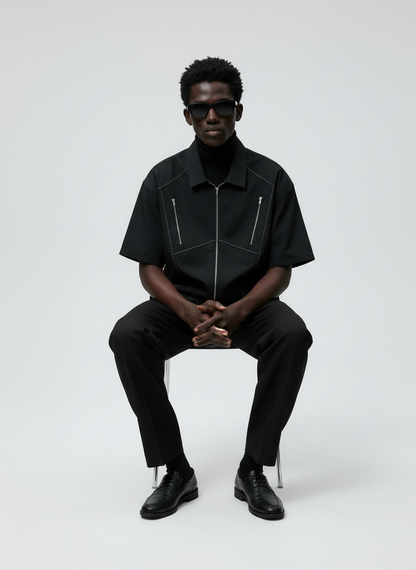 Boxy Fit Zipper Shirt (Black)