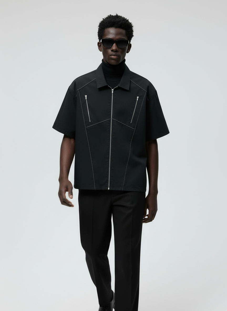 Boxy Fit Zipper Shirt (Black)