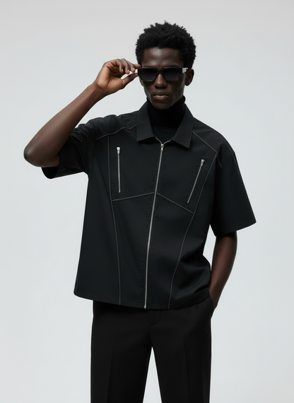 Boxy Fit Zipper Shirt (Black)