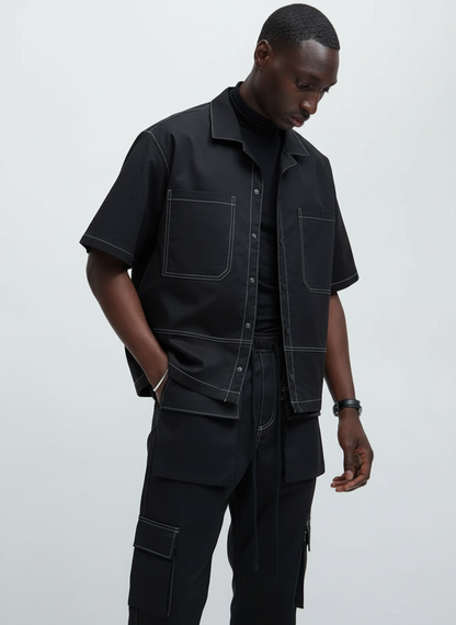 Boxy Fit Contrast Stitch Shirt (Black)