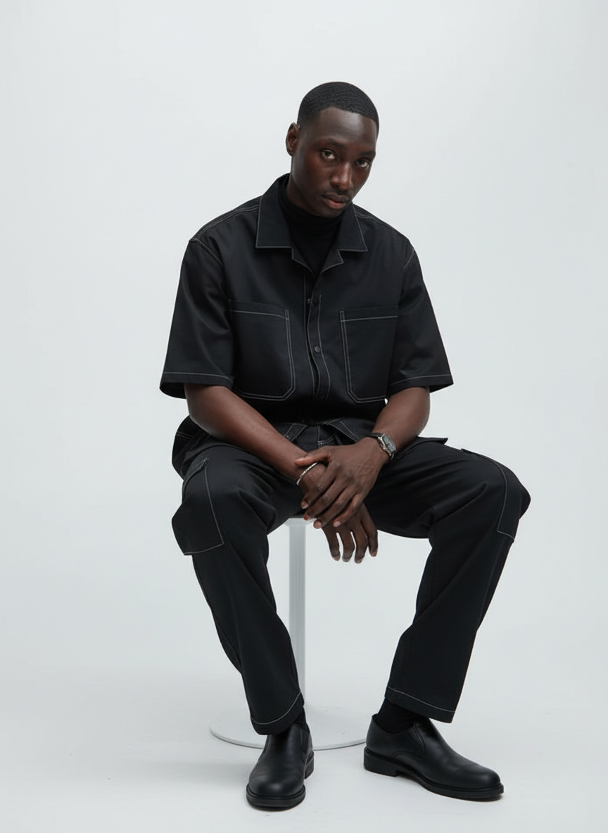 Boxy Fit Contrast Stitch Shirt (Black)
