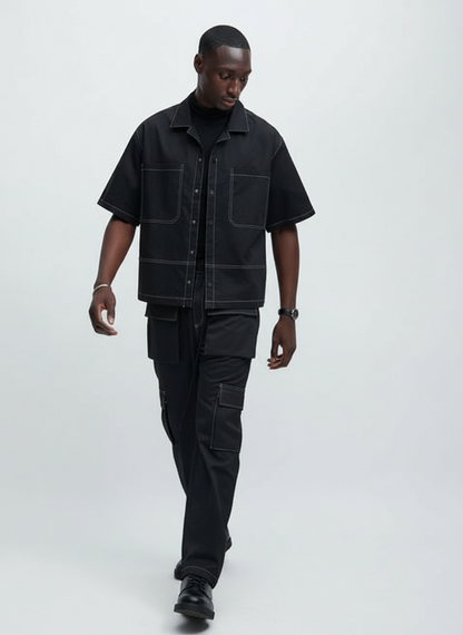 Boxy Fit Contrast Stitch Shirt (Black)