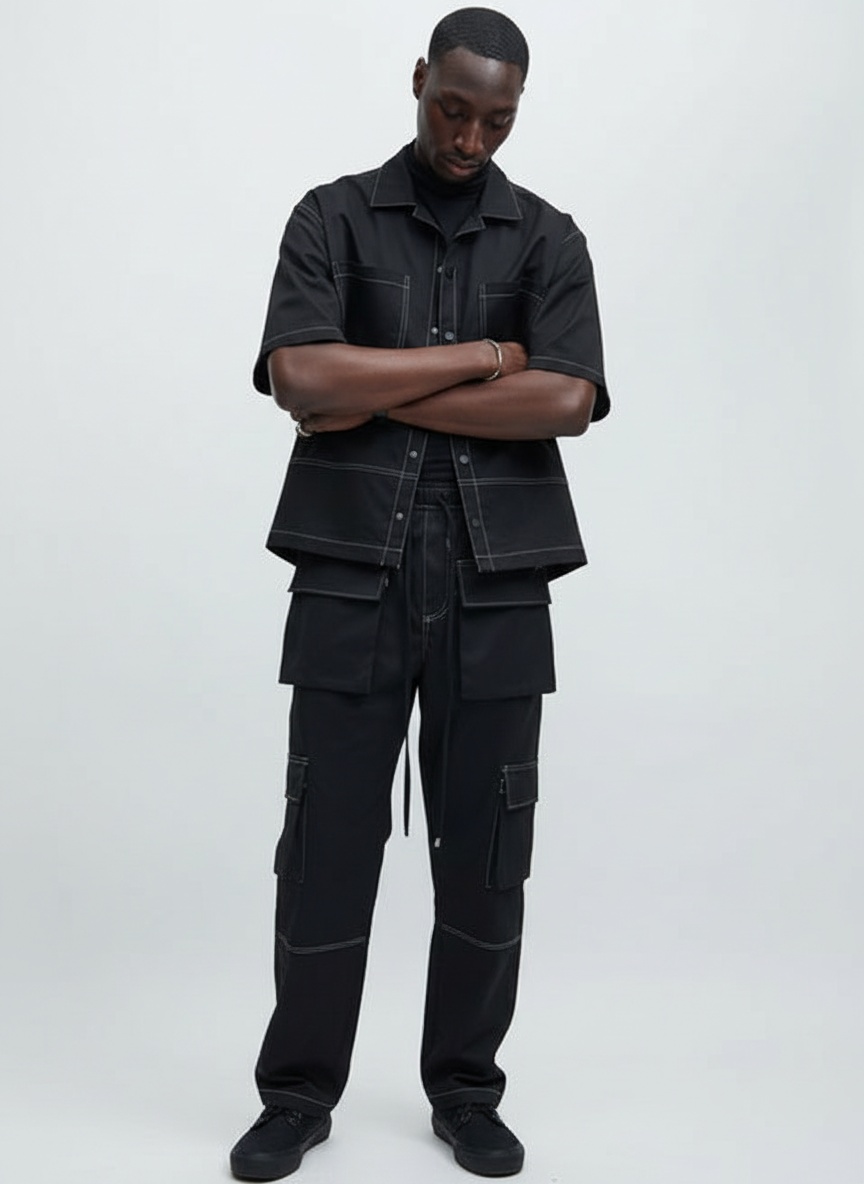 Boxy Fit Contrast Stitch Shirt (Black)
