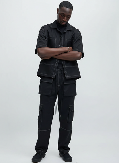 Boxy Fit Contrast Stitch Shirt (Black)