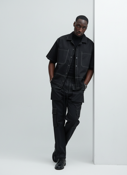 Boxy Fit Contrast Stitch Shirt (Black)