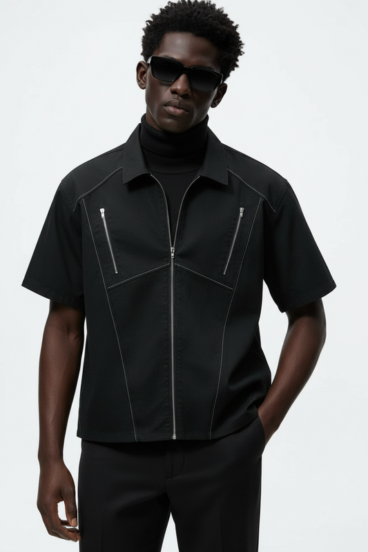 Boxy Fit Zipper Shirt (Black)