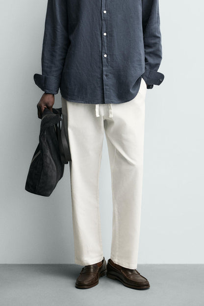 Relaxed Fit Cotton Linen Trousers (Off-White)