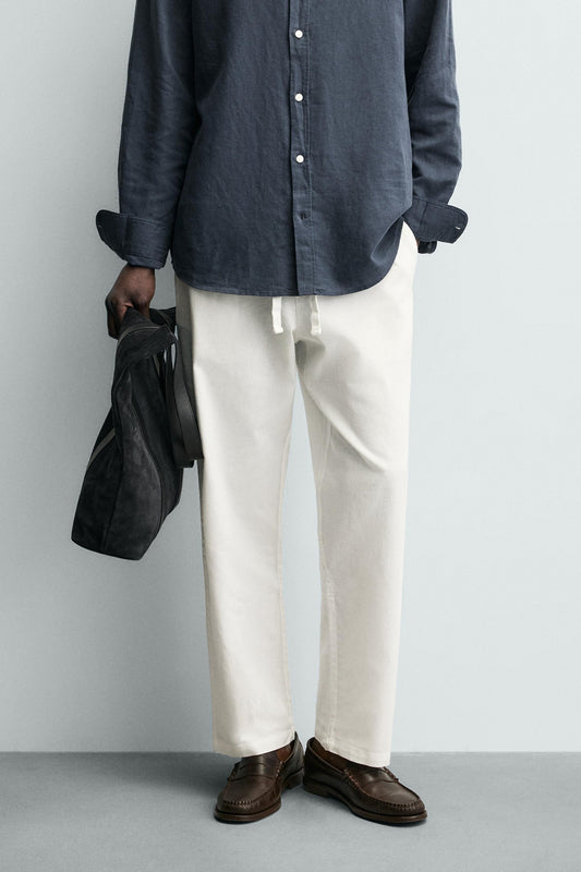 Relaxed Fit Cotton Linen Trousers (Off-White)
