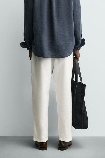 Relaxed Fit Cotton Linen Trousers (Off-White)