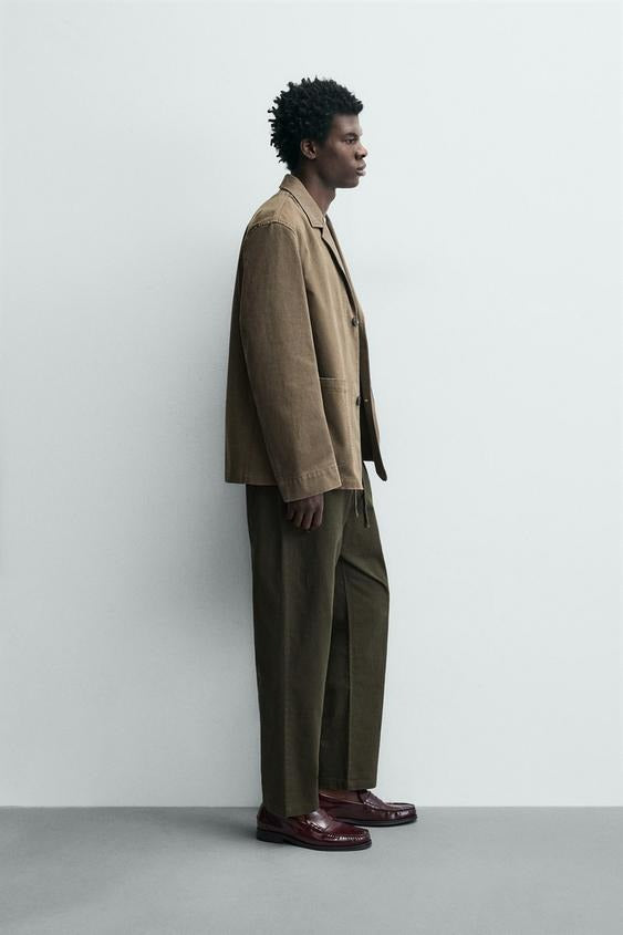 Relaxed Fit Cotton Linen Trousers (Olive)