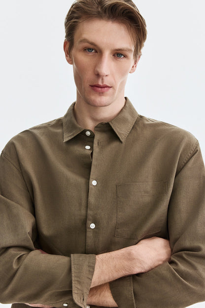 Regular Fit Linen Blend Shirt (Olive)