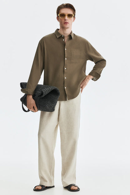 Regular Fit Linen Blend Shirt (Olive)