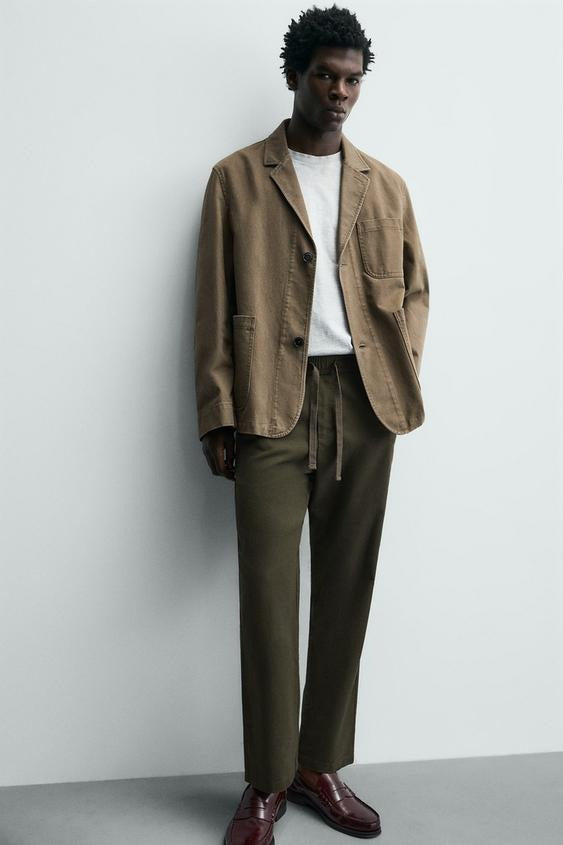 Relaxed Fit Cotton Linen Trousers (Olive)