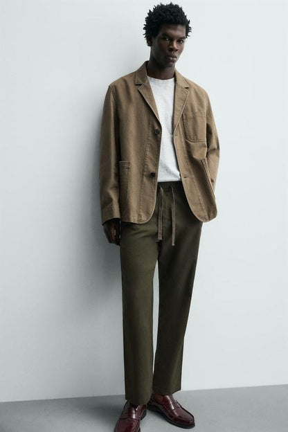 Relaxed Fit Cotton Linen Trousers (Olive)