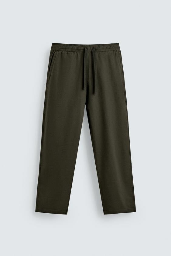 Relaxed Fit Cotton Linen Trousers (Olive)