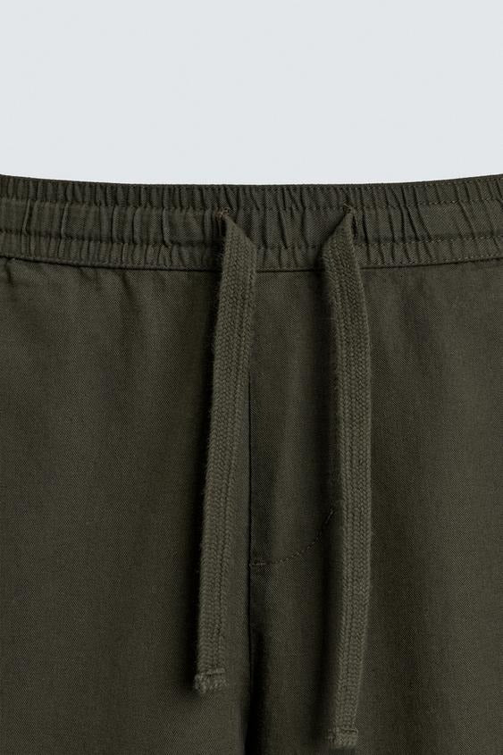 Relaxed Fit Cotton Linen Trousers (Olive)