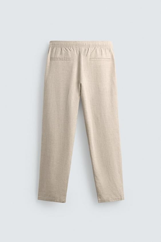 Relaxed Fit Cotton Linen Trousers (Beige)