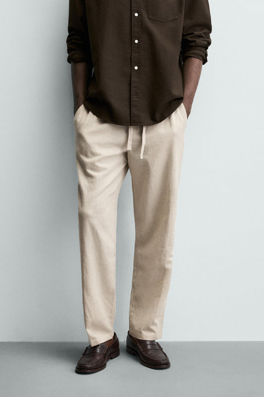 Relaxed Fit Cotton Linen Trousers (Beige)