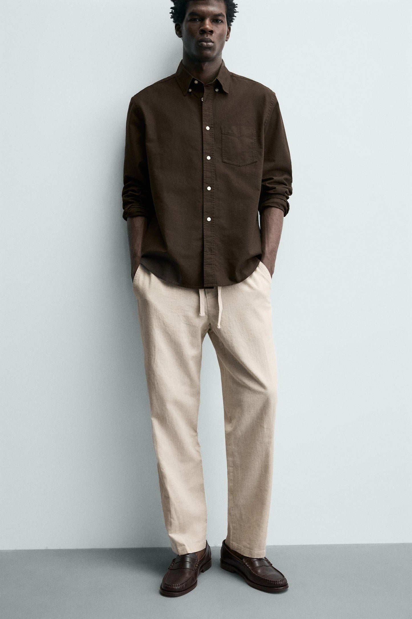 Relaxed Fit Cotton Linen Trousers (Beige)
