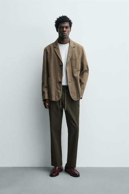 Relaxed Fit Cotton Linen Trousers (Olive)