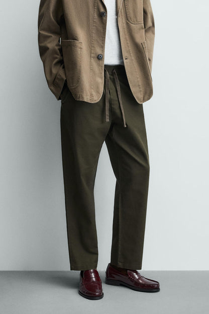 Relaxed Fit Cotton Linen Trousers (Olive)