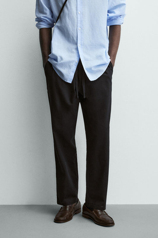 Relaxed Fit Cotton Linen Trousers (Black)