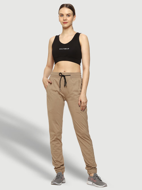 Beige Elastic Bottom Cotton Track Pant For Women